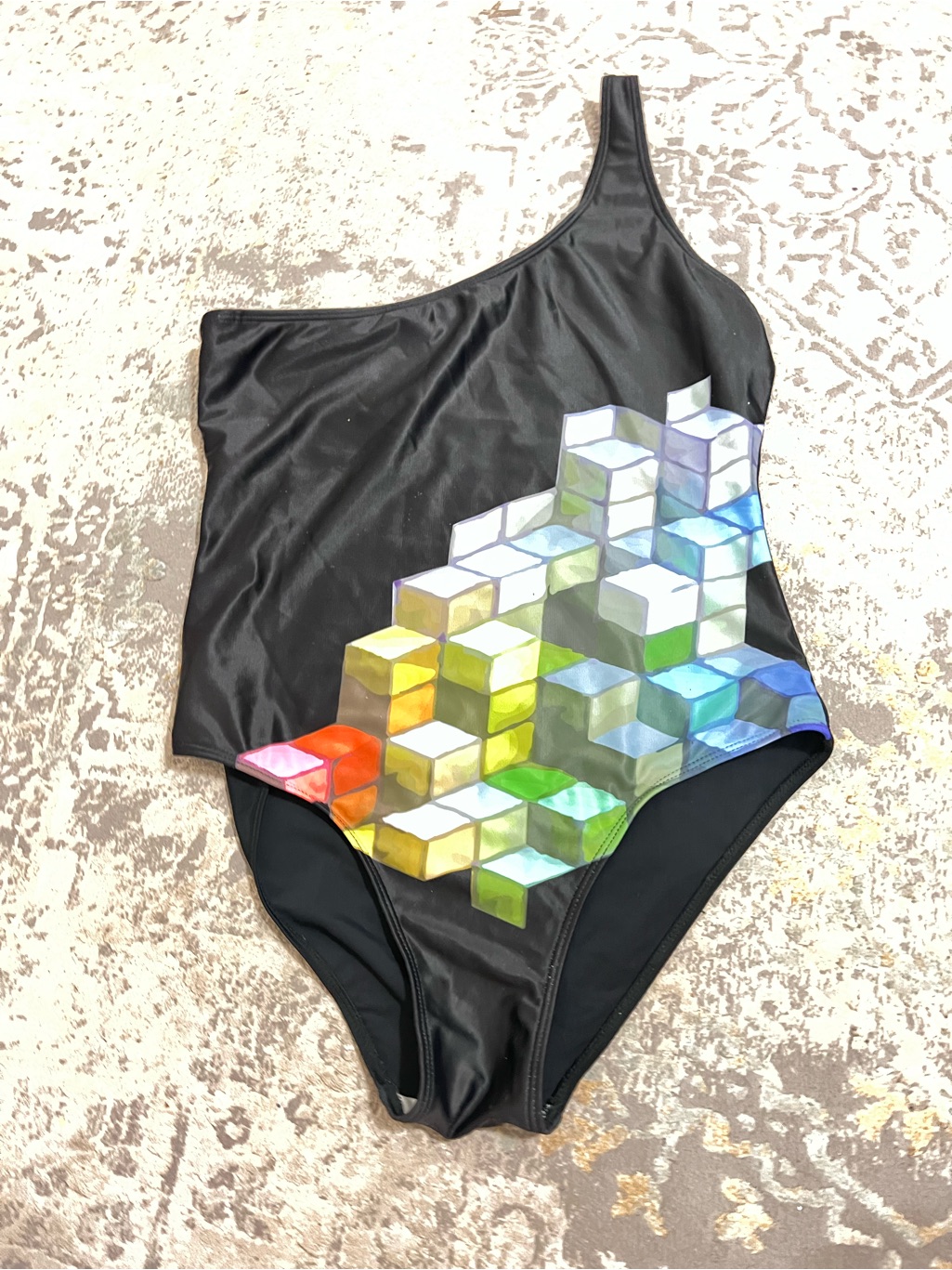 One-Shoulder Black Swimsuit With Rainbow Geometric Print